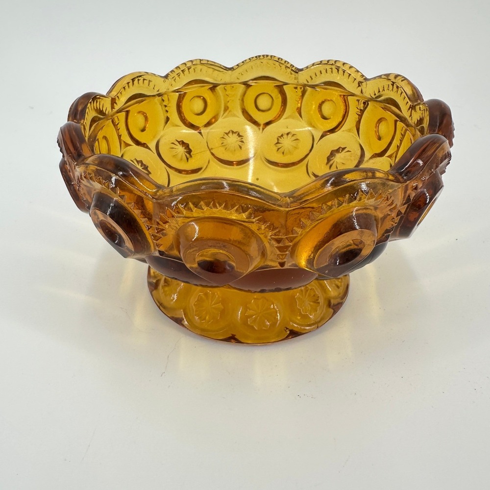 Vintage Amber Moon and Stars Pressed Glass Footed Bowl Bottom Only Mid Century